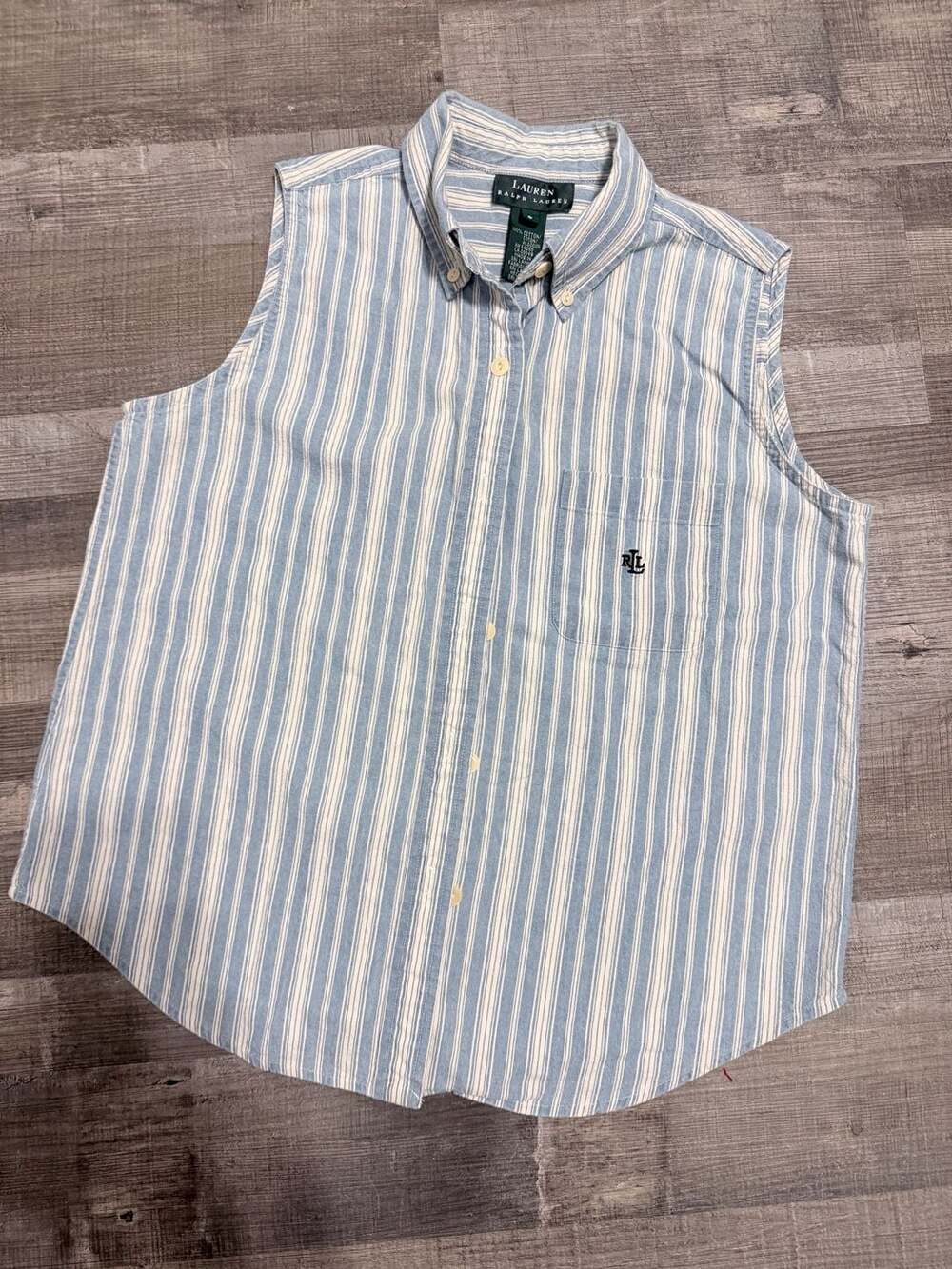 Lauren Ralph Lauren Blue and White Striped Sleeveless Button-Up Shirt